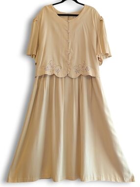 Kari’s Korner Plus Size Vintage Dress Tan Yellow Embroidered Size 32 Cottagecore